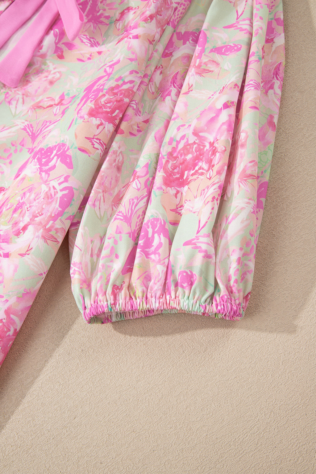 Pink Ribbon Knot Front Floral Short Puff Sleeve Blouse 🇺🇸
