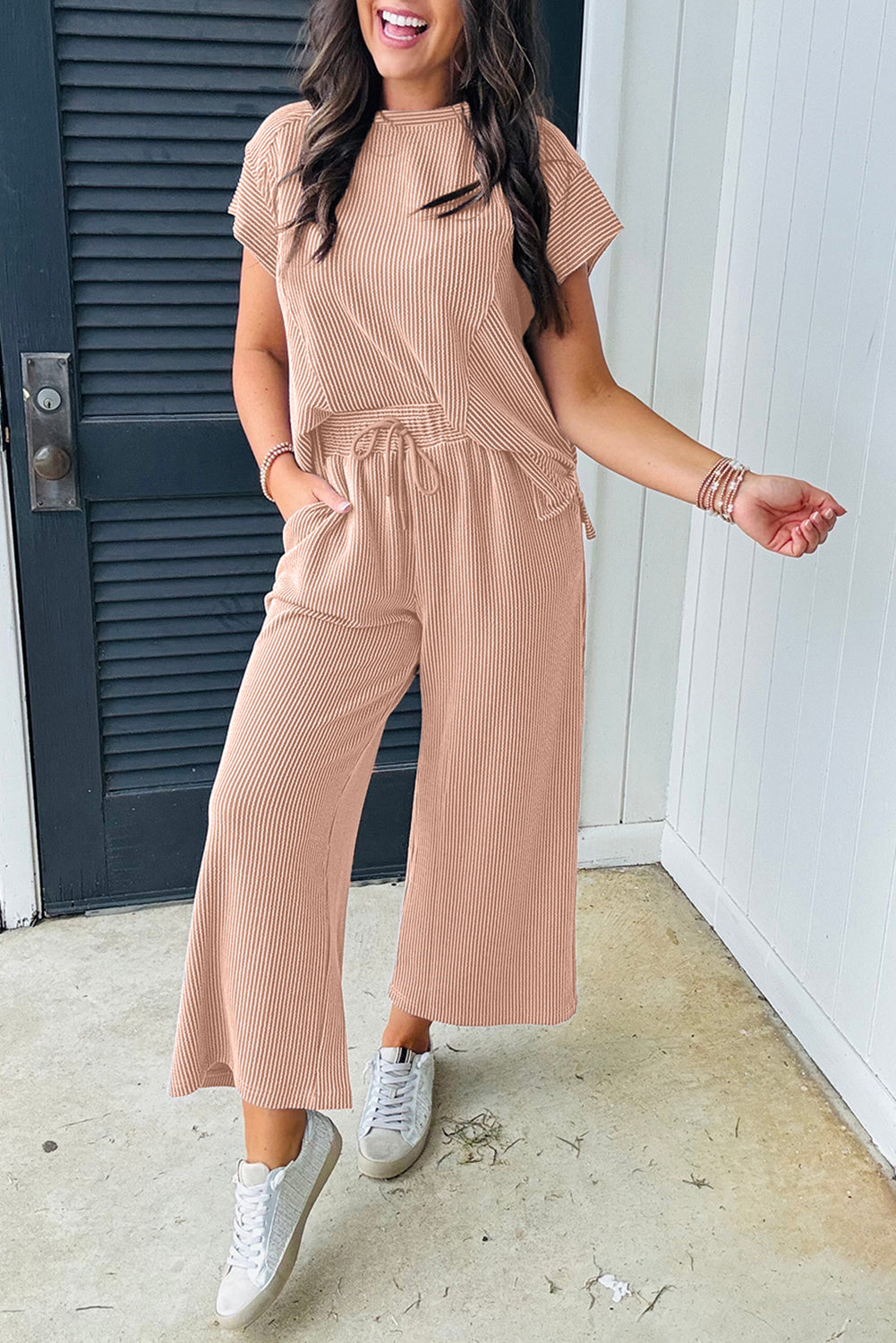 Smoke Gray Solid Corded Knit Short Sleeve T Shirt and Wide Leg Pants Set 🇨🇳