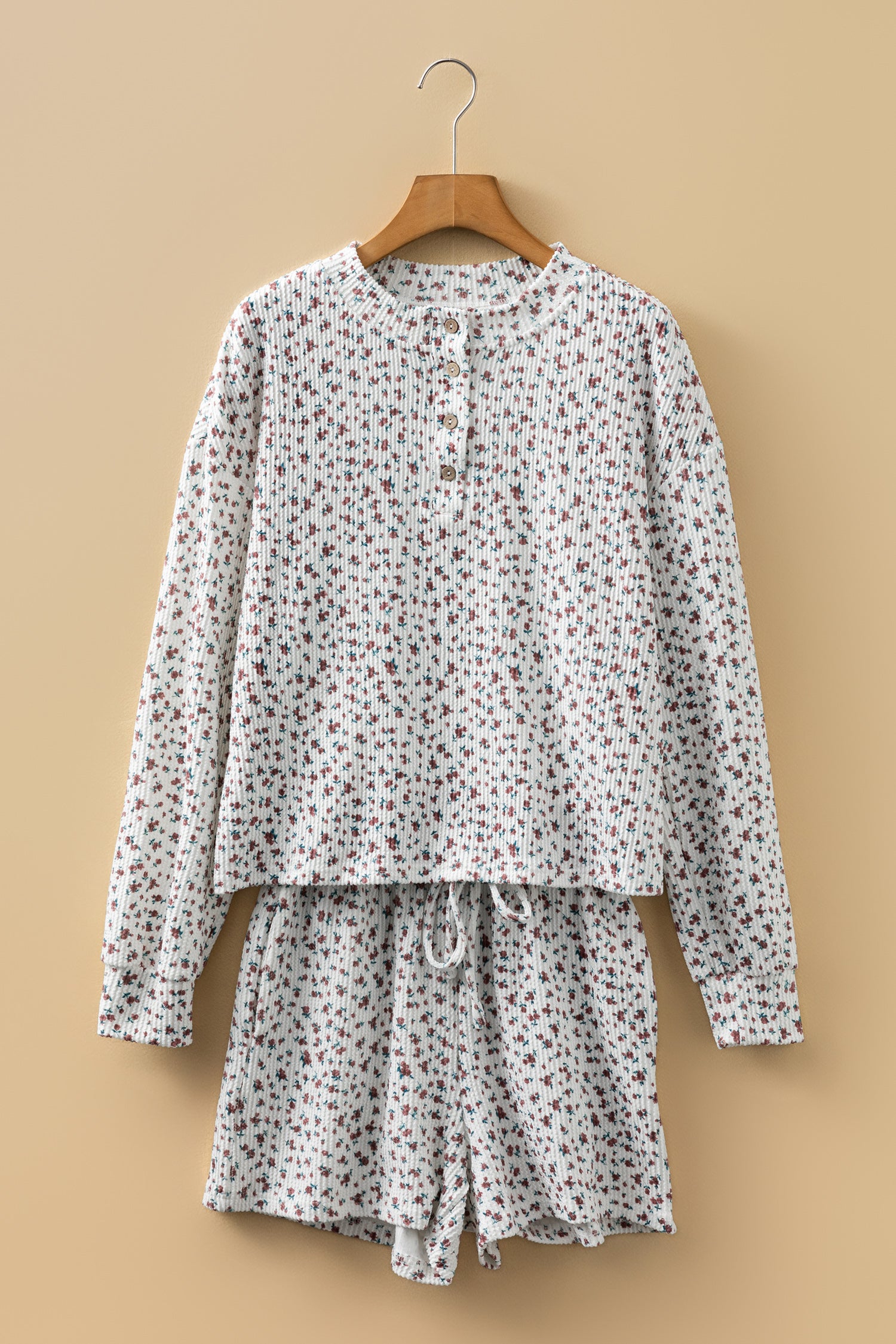 White Spiral Ribbed Floral Print Long Sleeve Henley Top Drawstring Short Set 🇺🇸