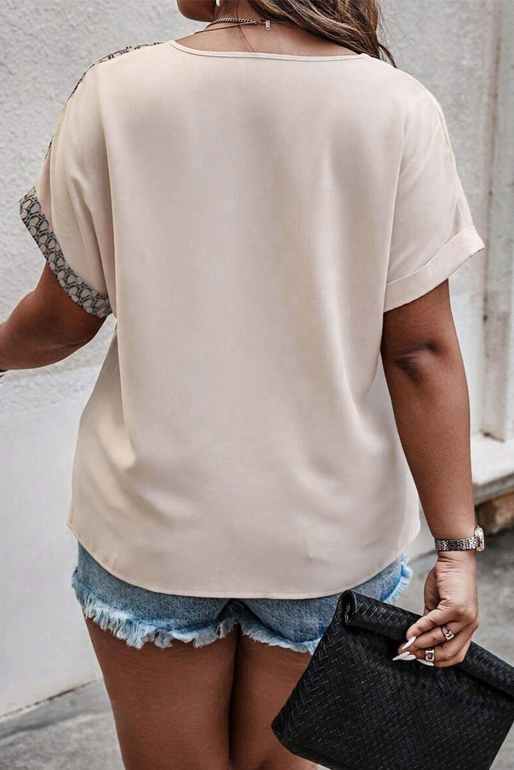 Oatmeal Contrast Geometric Print Patchwork V Neck Short Sleeve Plus Size Top 🇺🇲