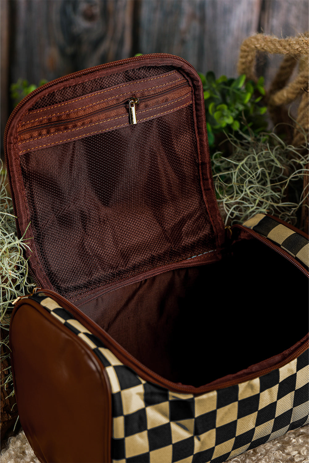 Black Checkered PU Leather Zipper Makeup Bag 🇨🇳