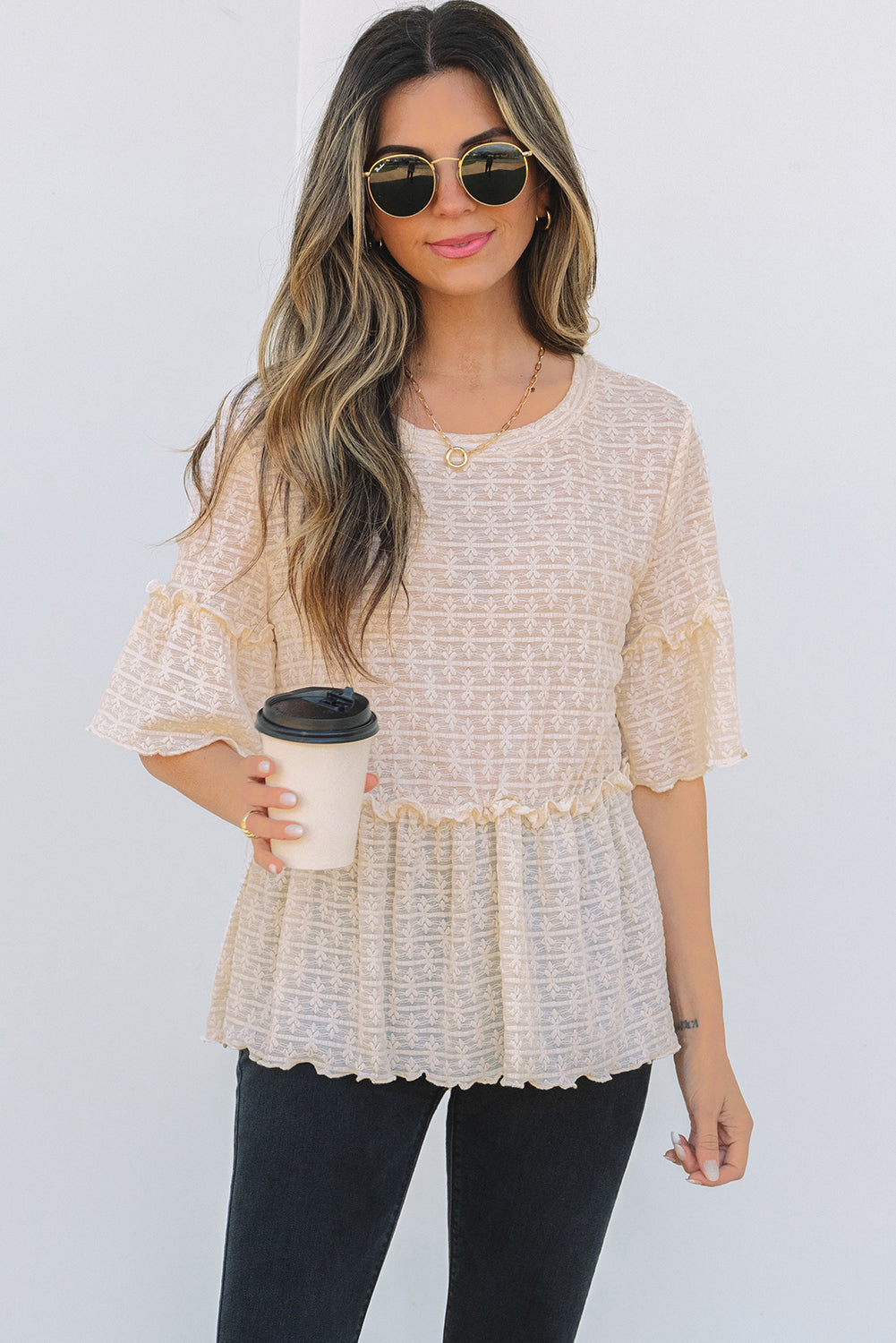 Beige Solid Color Textured Ruffled Short Sleeve Blouse 🇺🇸