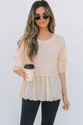 Beige Solid Color Textured Ruffled Short Sleeve Blouse 🇺🇸