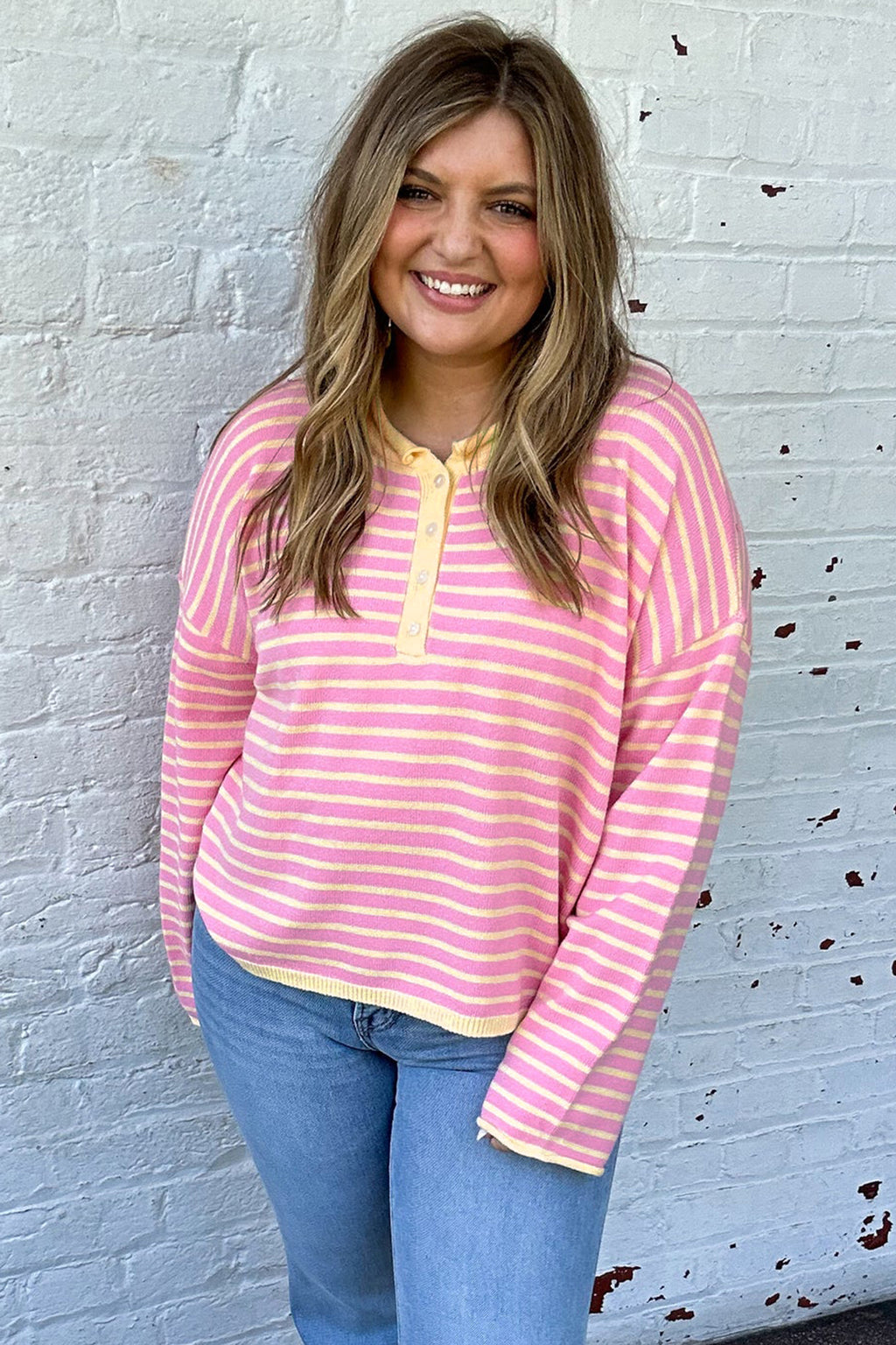 Pink Stripe Striped Colorblock Long Sleeve V Neck Shift Plus Size Sweater 🇺🇸