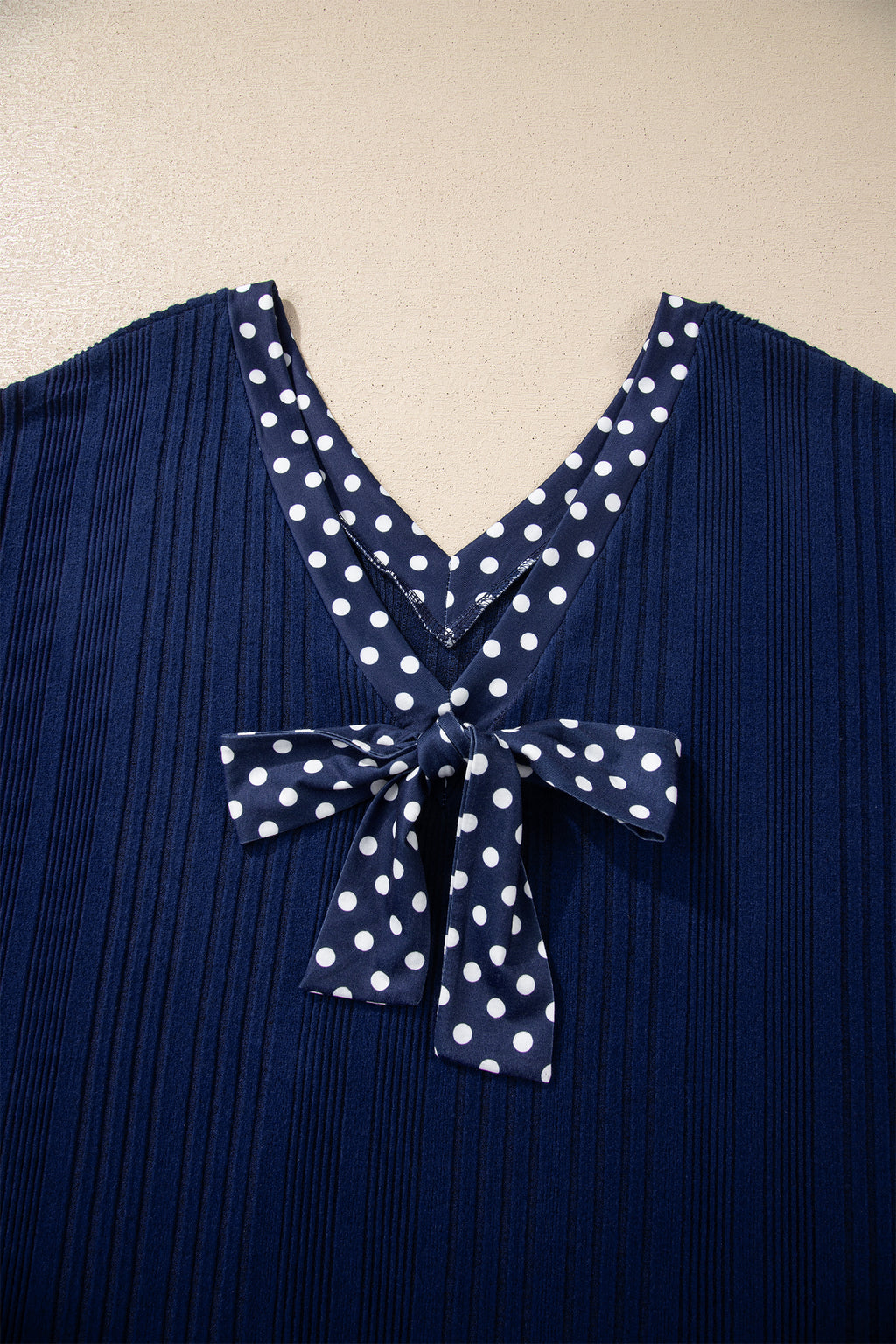 Dirty blue Polka Dot Trimmed V Neck Bow Tie Textured Ribbed Top 🇺🇸
