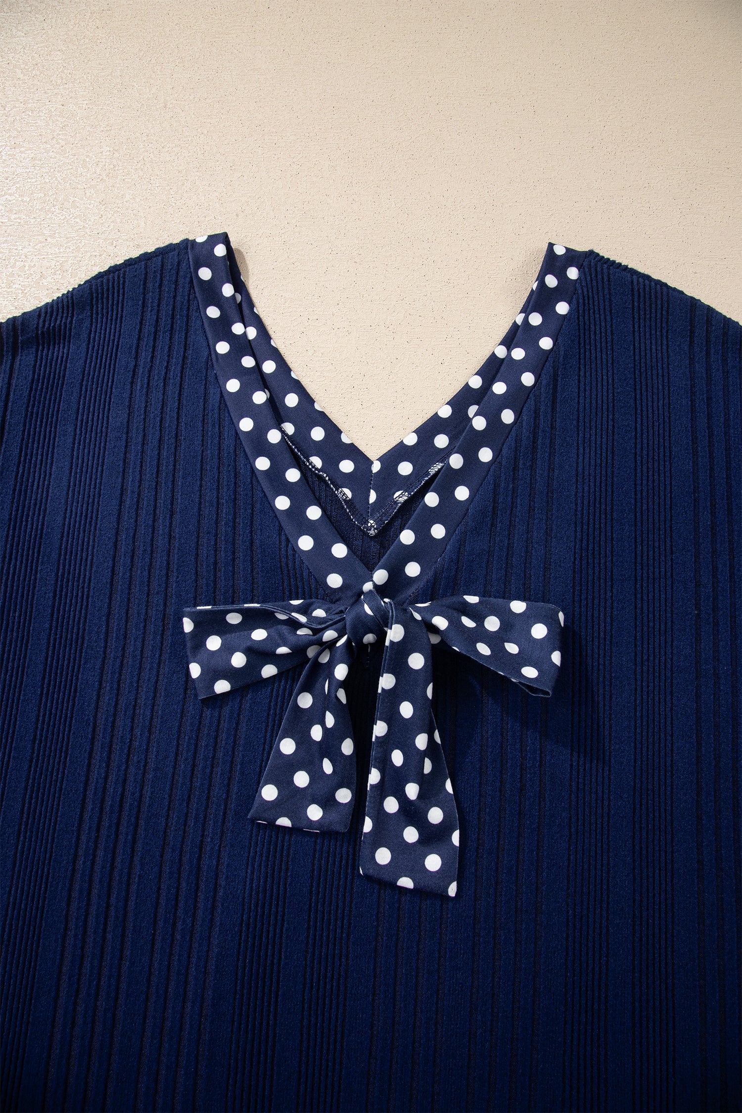 Dirty blue Polka Dot Trimmed V Neck Bow Tie Textured Ribbed Top 🇺🇸