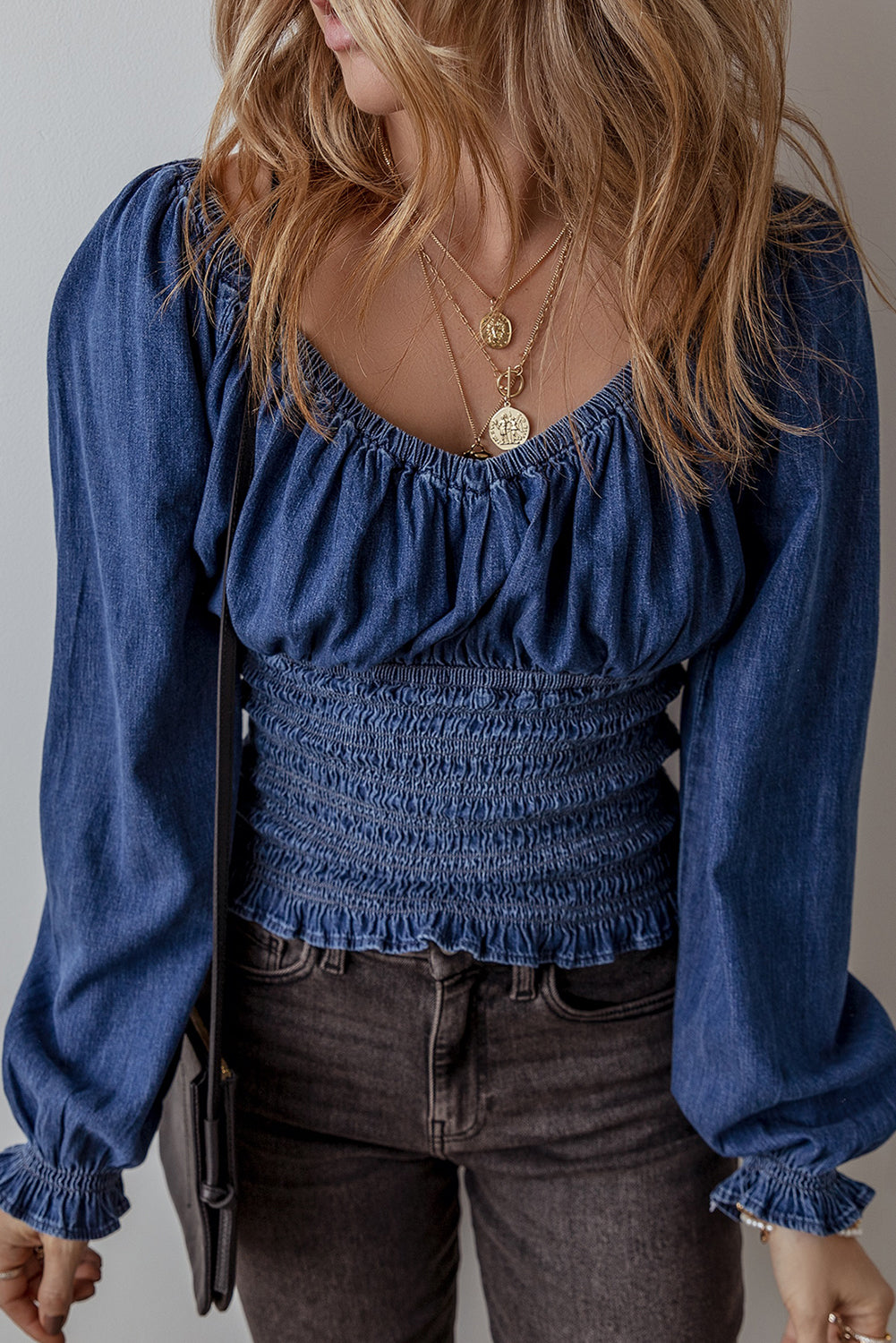 Dark Blue Smocked Ruffled Puff Sleeve V Neck Denim Blouse 🇨🇳