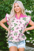 Pink Striped Strawberry Printed Color Block Patchwork V Neck Flutter Sleeve Blouse 🇺🇸