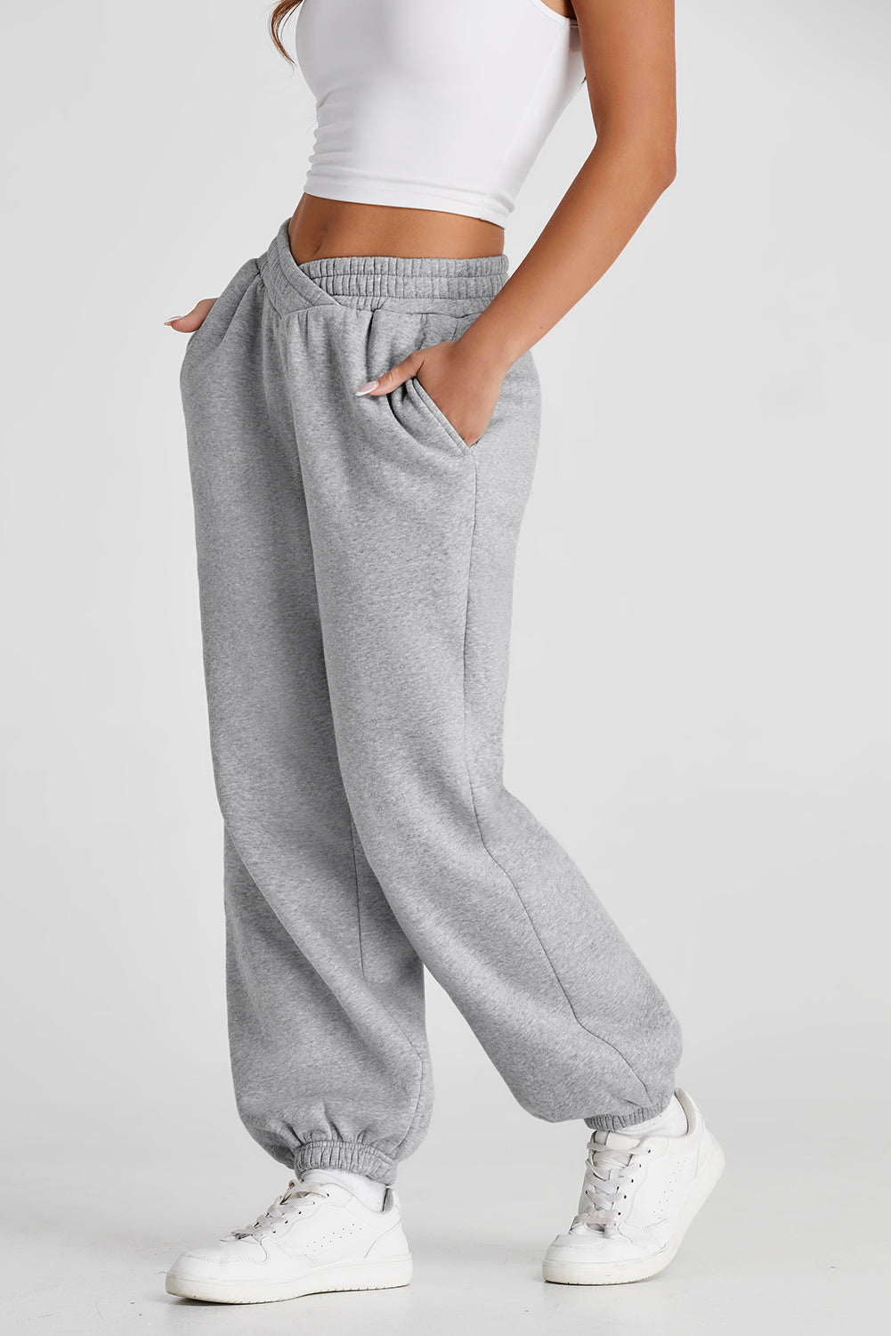 Light Grey Solid Color Crisscross Elastic Waist Sweatpants 🇺🇸