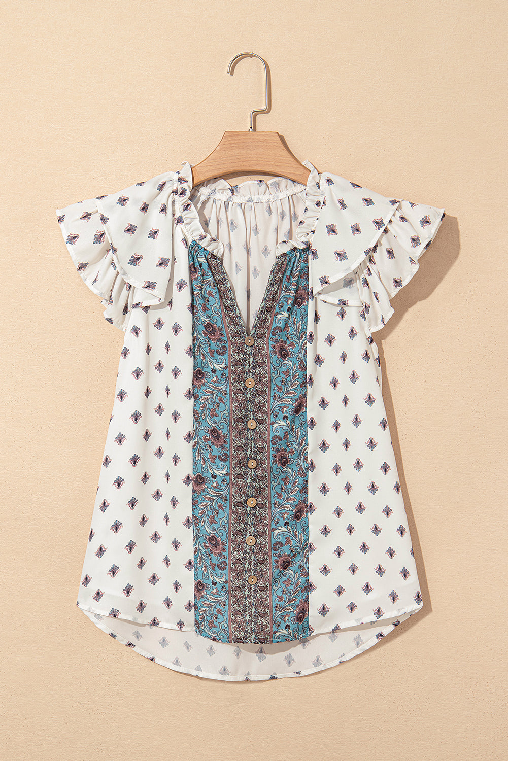 White Boho Pattern Tiered Ruffled Sleeve V Neck Buttoned Blouse 🇺🇲
