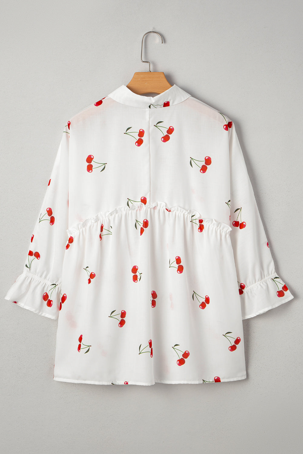 White Cherry Print Flounce Sleeve Collared Frilled Babydoll Blouse 🇺🇸