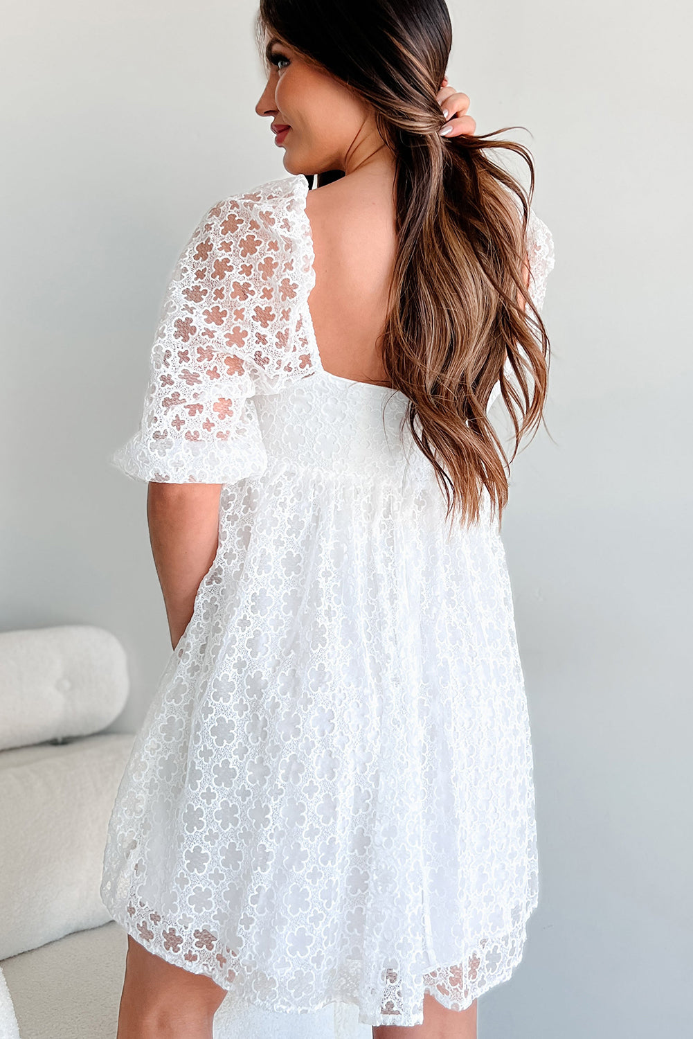 White Floral Lace Puff Sleeve Empire Waist Mini Dress 🇨🇳