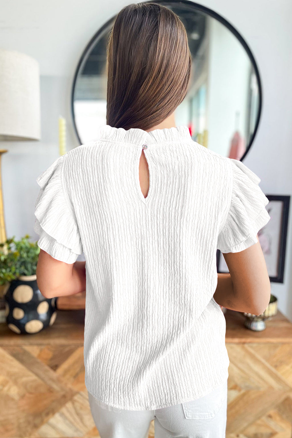 White Solid Color Textured Ruffle Trim Short Sleeve Blouse 🇺🇸