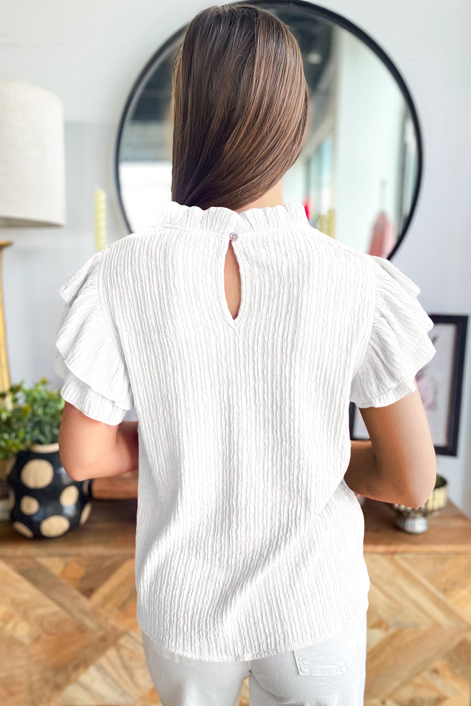 White Solid Color Textured Ruffle Trim Short Sleeve Blouse 🇺🇸