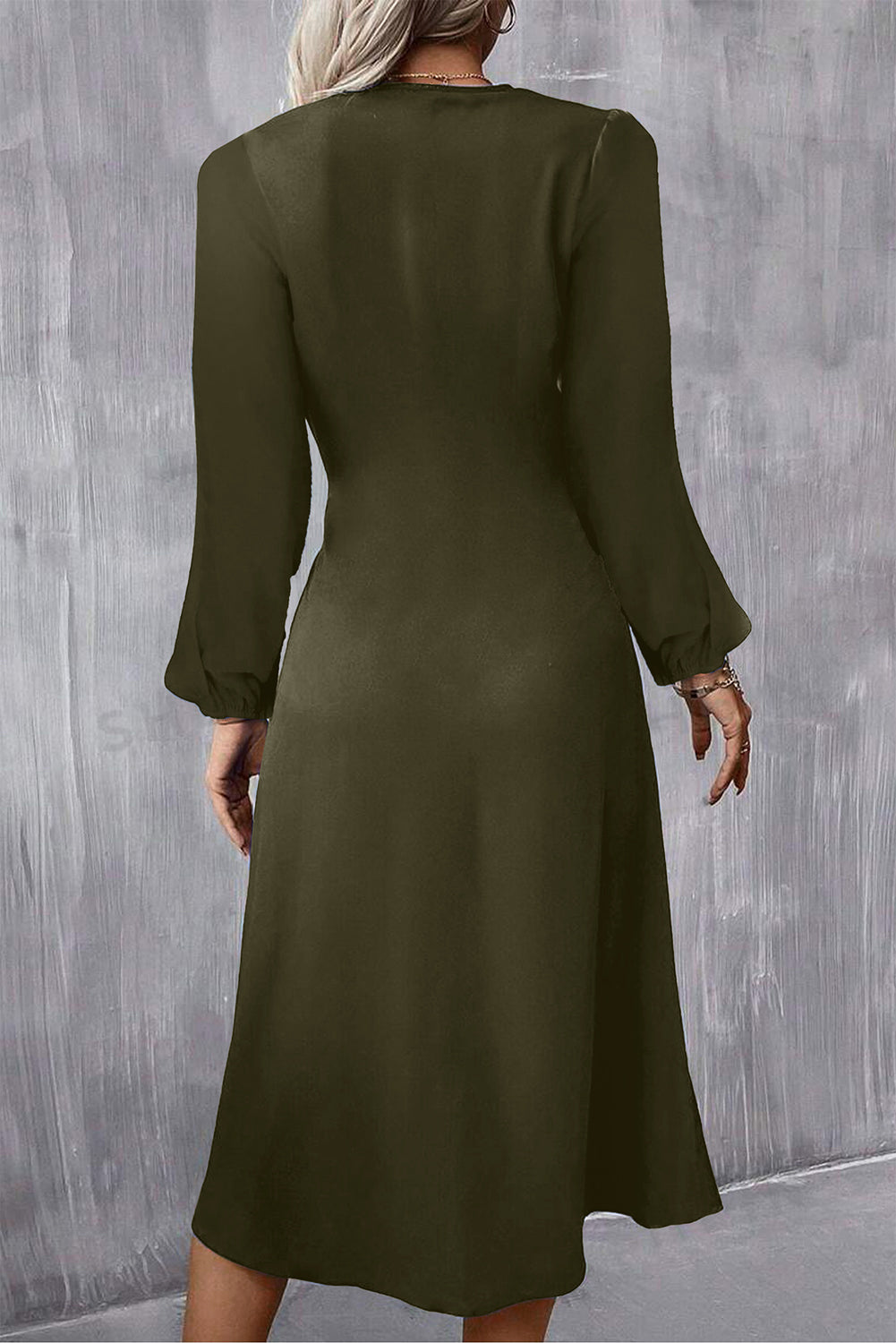 Jungle Green Solid Color Ruched Detail Long Sleeve Midi Dress 🇺🇸