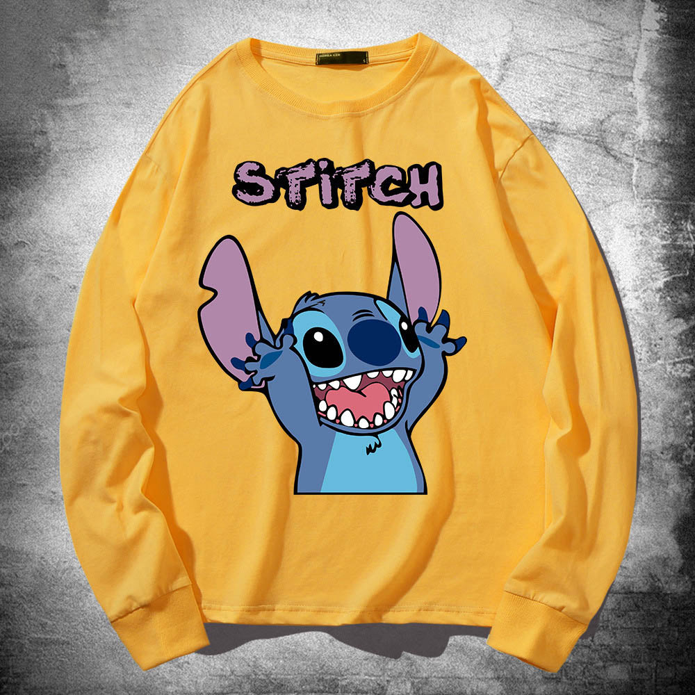 Stitch Long Sleeved T Shirt For Men and Women, Thin Pure Cotton, Loose Fitting, Like Couples Outfit, Round Neck Base Shirt, Clothes On Top 🇨🇳