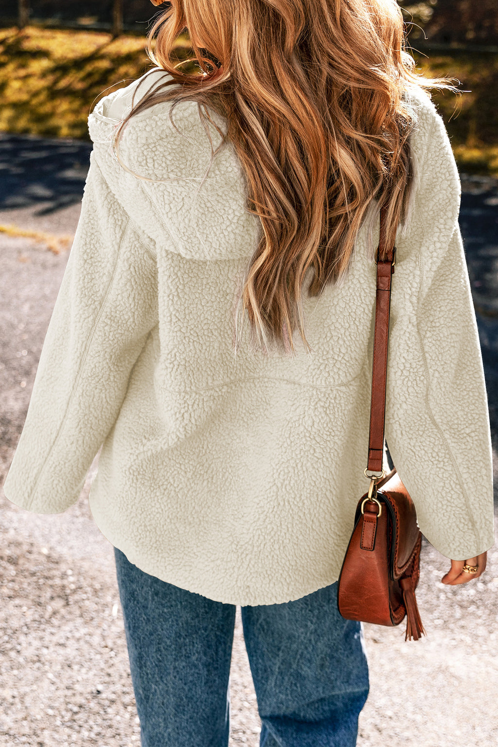 Beige Fleece Zip Up Drawstring Hooded Pocketed Jacket 🇺🇸