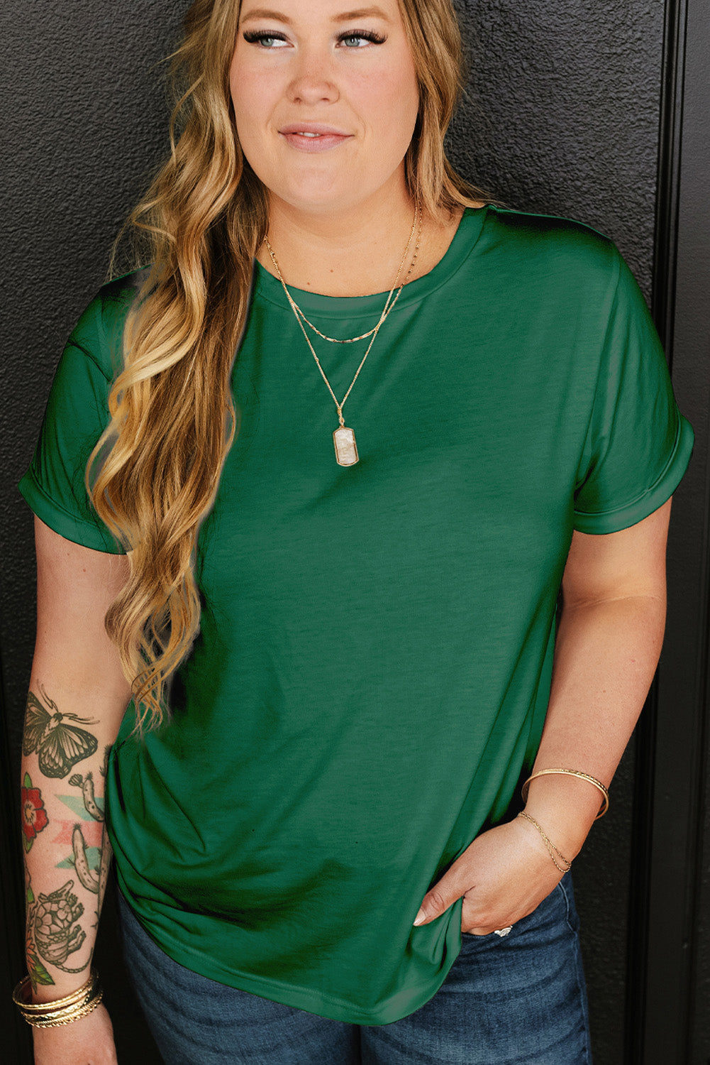 Dark Green Round Neck Rolled Sleeve Plus Size T-shirt 🇨🇳