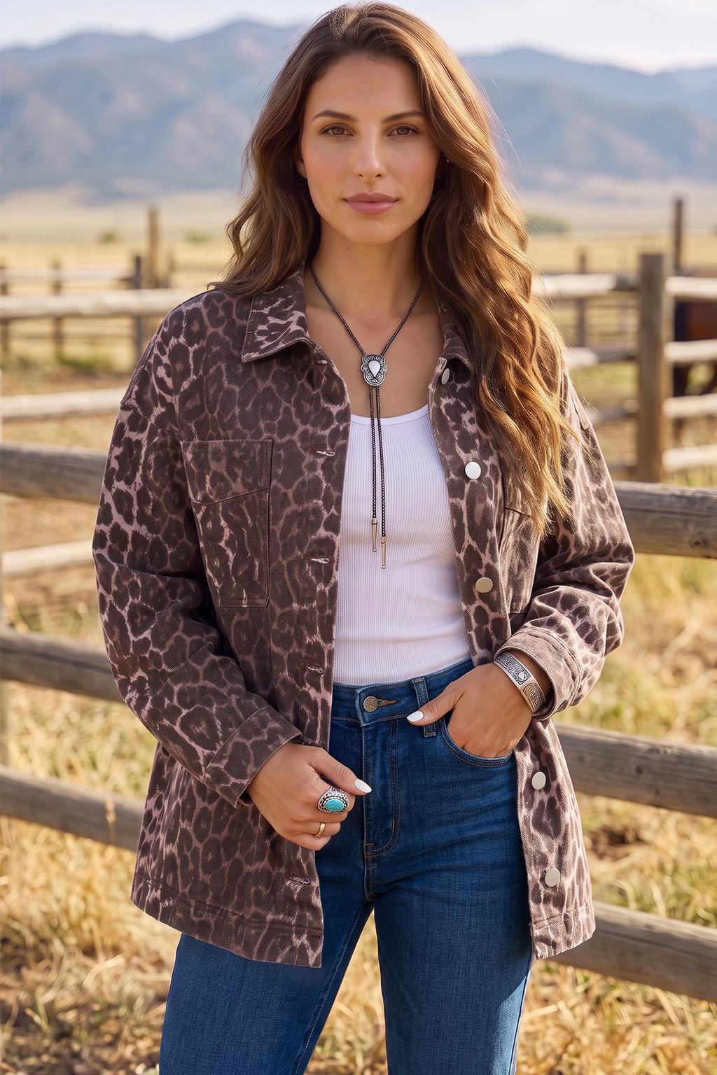 Khaki Oversized Leopard Print Long Sleeve Patch Pocket Denim Jacket 🇺🇸