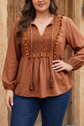 Chestnut Boho V Neck Embroidered Tassel Long Sleeve Plus Size Blouse 🇺🇸