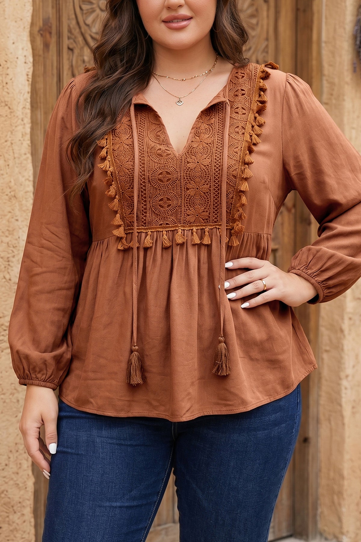 Chestnut Boho V Neck Embroidered Tassel Long Sleeve Plus Size Blouse 🇺🇸