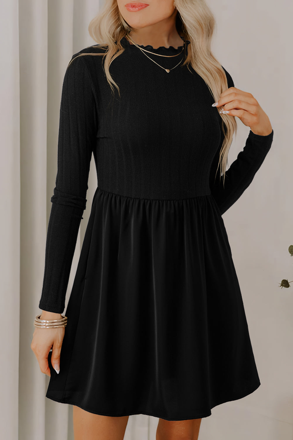 Black Frilled Neck Ribbed Knit Patchwork Long Sleeve Mini Dress 🇺🇸