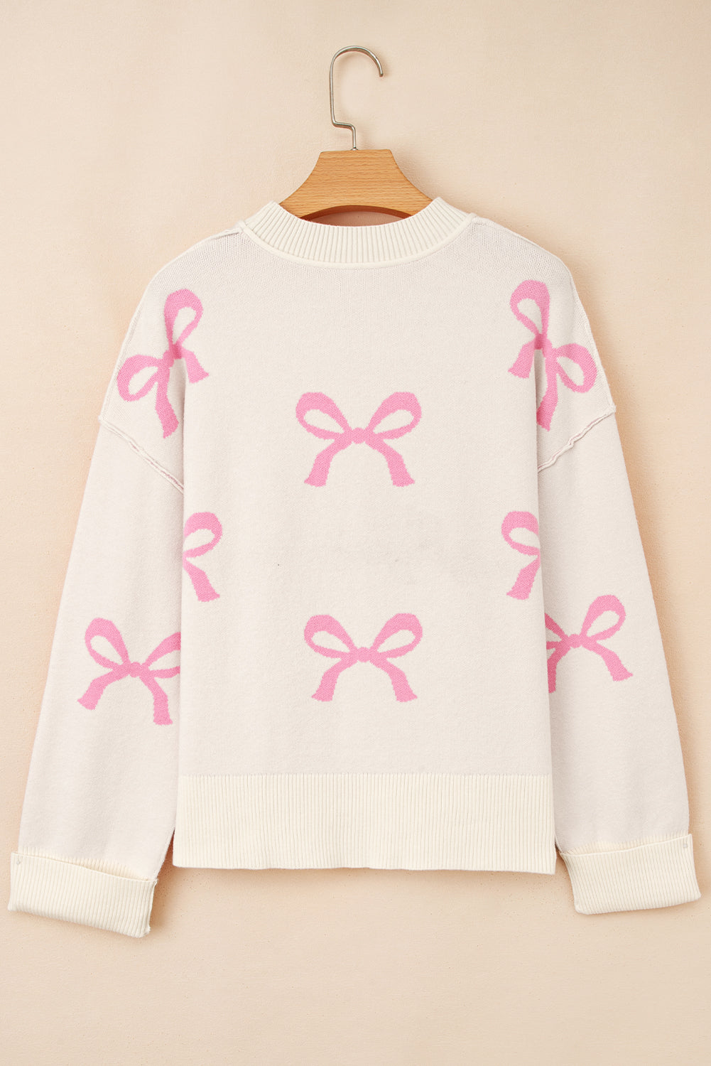 Pink Bow Print Ribbed Trim Exposed Seam Drop Shoulder Loose Sweater 🇺🇸