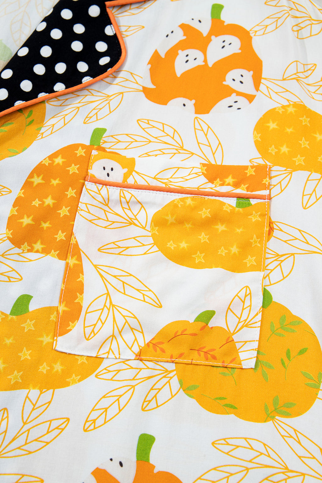 Orange Short Sleeve Pumpkin Print Polka Dot Trim Pocket Pocket Placket Lounge Set 🇺🇸