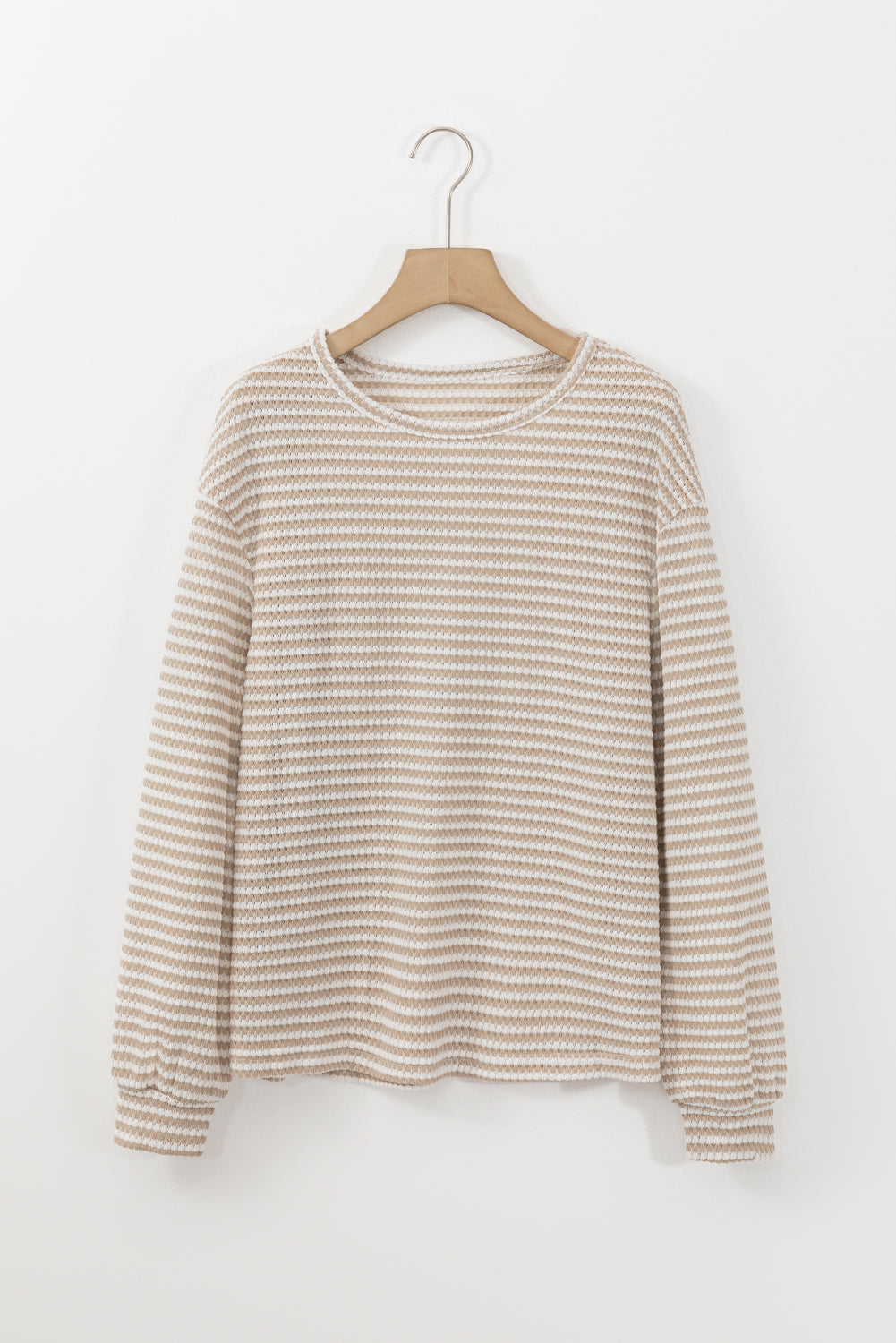 Khaki Stripe Round Neck Drop Shoulder Long Sleeve Top 🇺🇲