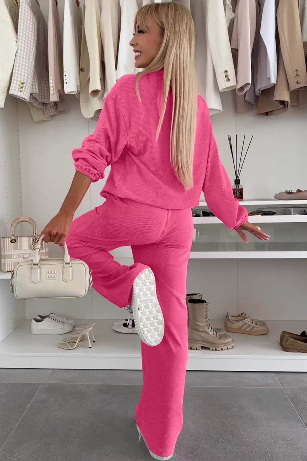 Peach Blossom Half Button Pullover Drawstring Pants Solid Color Corduroy 2pcs Outfit 🇺🇸