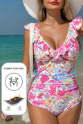 Pink Floral Ruffle Trim V Neck Lace-up Back Tummy Control One Piece Swimsuit 🇺🇸