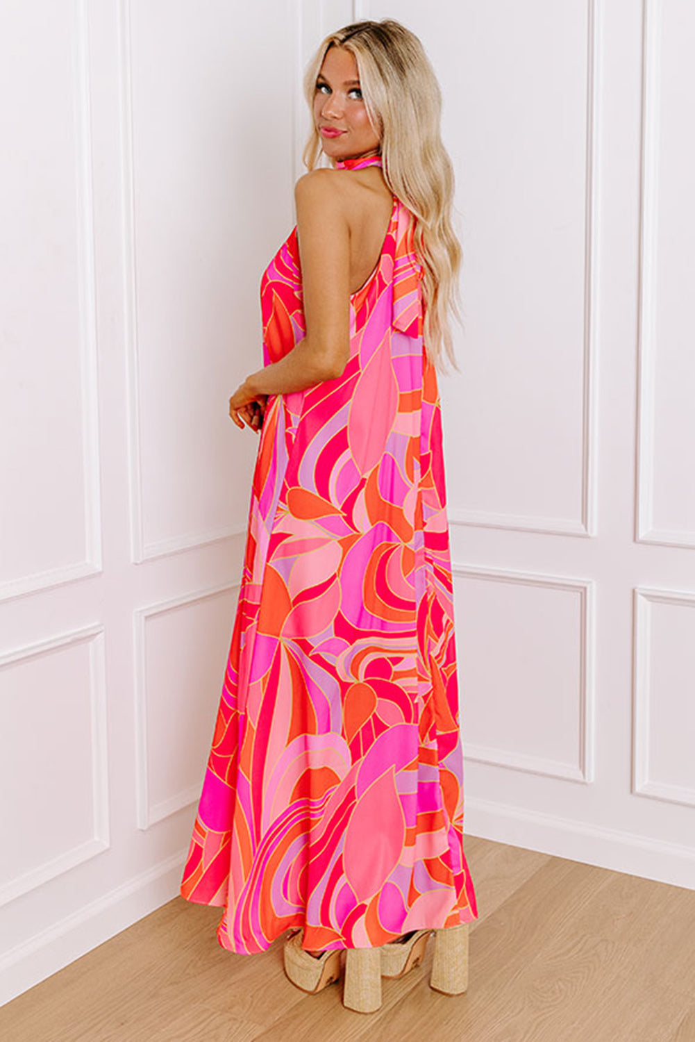 Rose Abstract Printed High Neck Knotted Nape Sleeveless Maxi Dress 🇺🇸