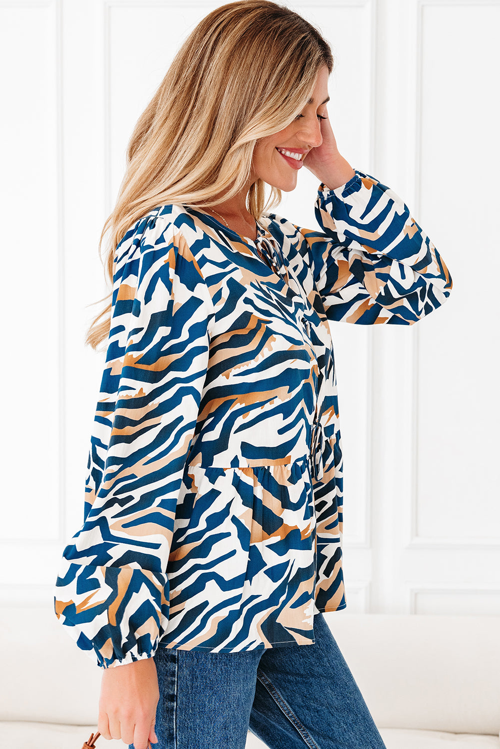 Blue Zebra Print Tied Front Puff Sleeve Top 🇺🇸