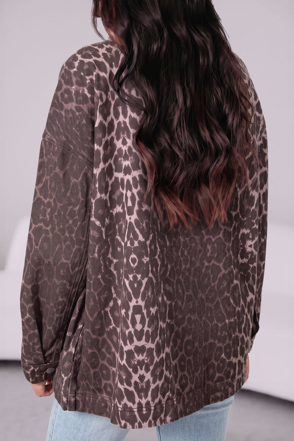 Khaki Oversized Leopard Print Long Sleeve Patch Pocket Denim Jacket 🇺🇸