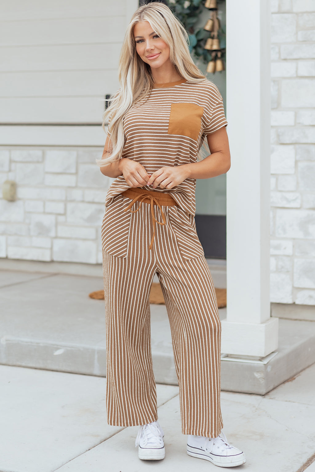 Khaki Stripe Crew Neck Tee Drawstring Waist Cropped Pants Set 🇺🇸