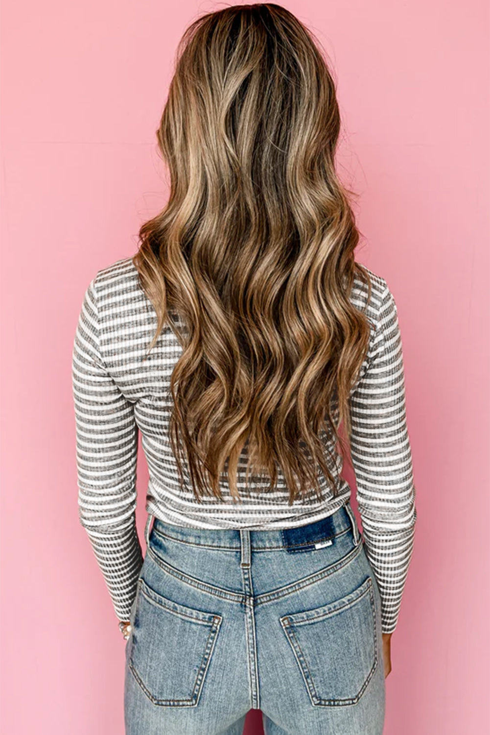 Gray Stripe Ribbed High Neck Slim Fit Long Sleeve Top 🇺🇸