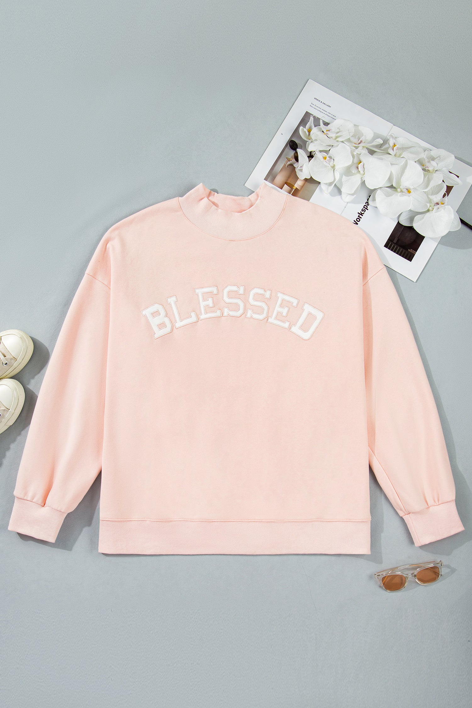 Light Pink BLESSED Embroidered Trim Patch Graphic Plus Size Mock Neck Sweatshirt 🇺🇸