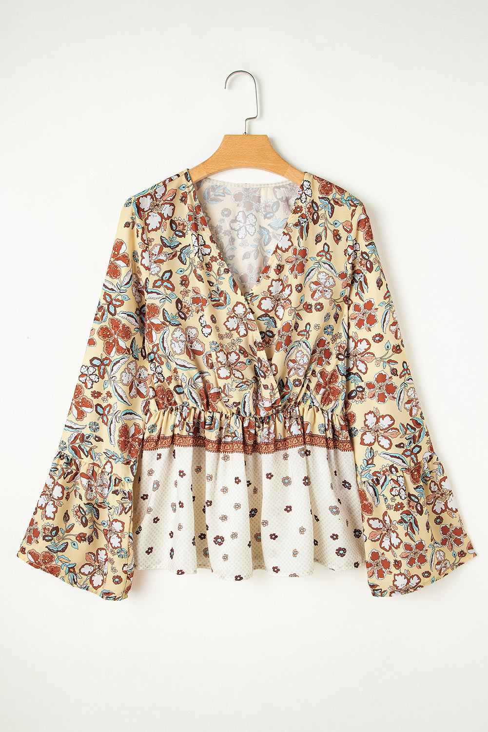 Yellow Printed Floral Bell Sleeve V Neck Wrapped Contrast Peplum Blouse 🇺🇸