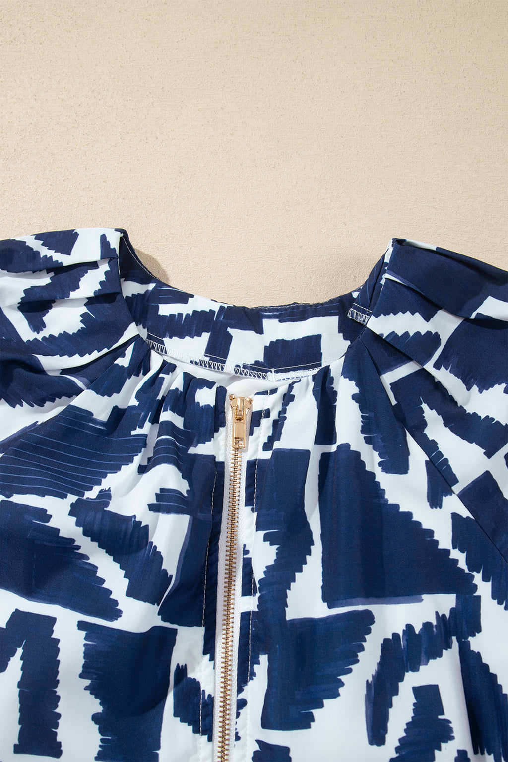 Blue Abstract Geometric Print Zip Front Tie Waist Shift Dress 🇺🇸