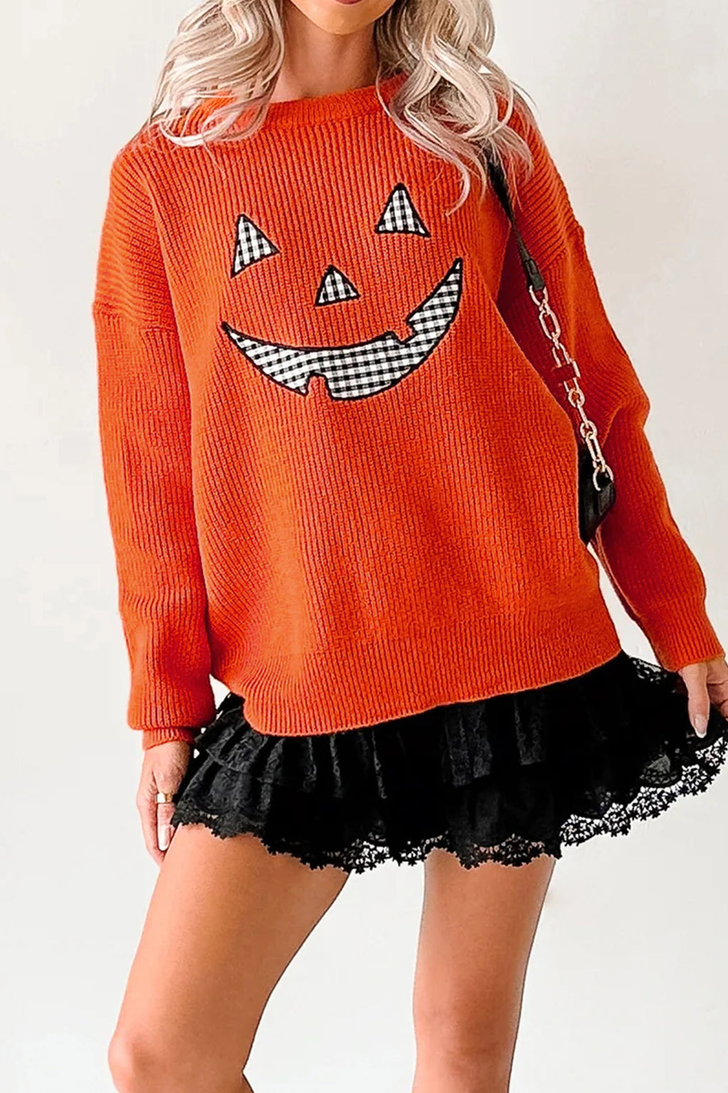 Orange Drop Shoulder Long Sleeve Round Neck Halloween Sweater 🇺🇸