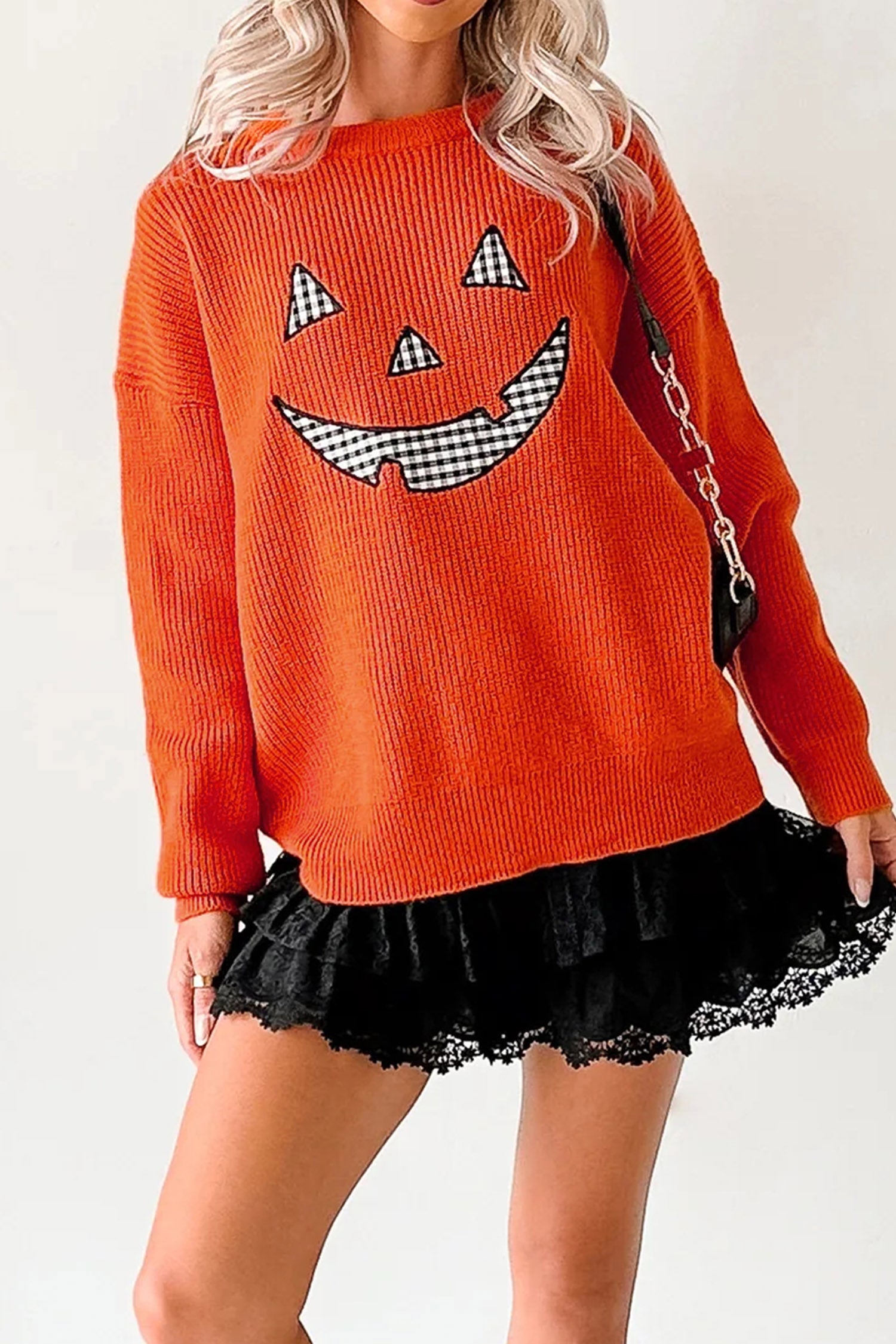 Orange Drop Shoulder Long Sleeve Round Neck Halloween Sweater 🇺🇸