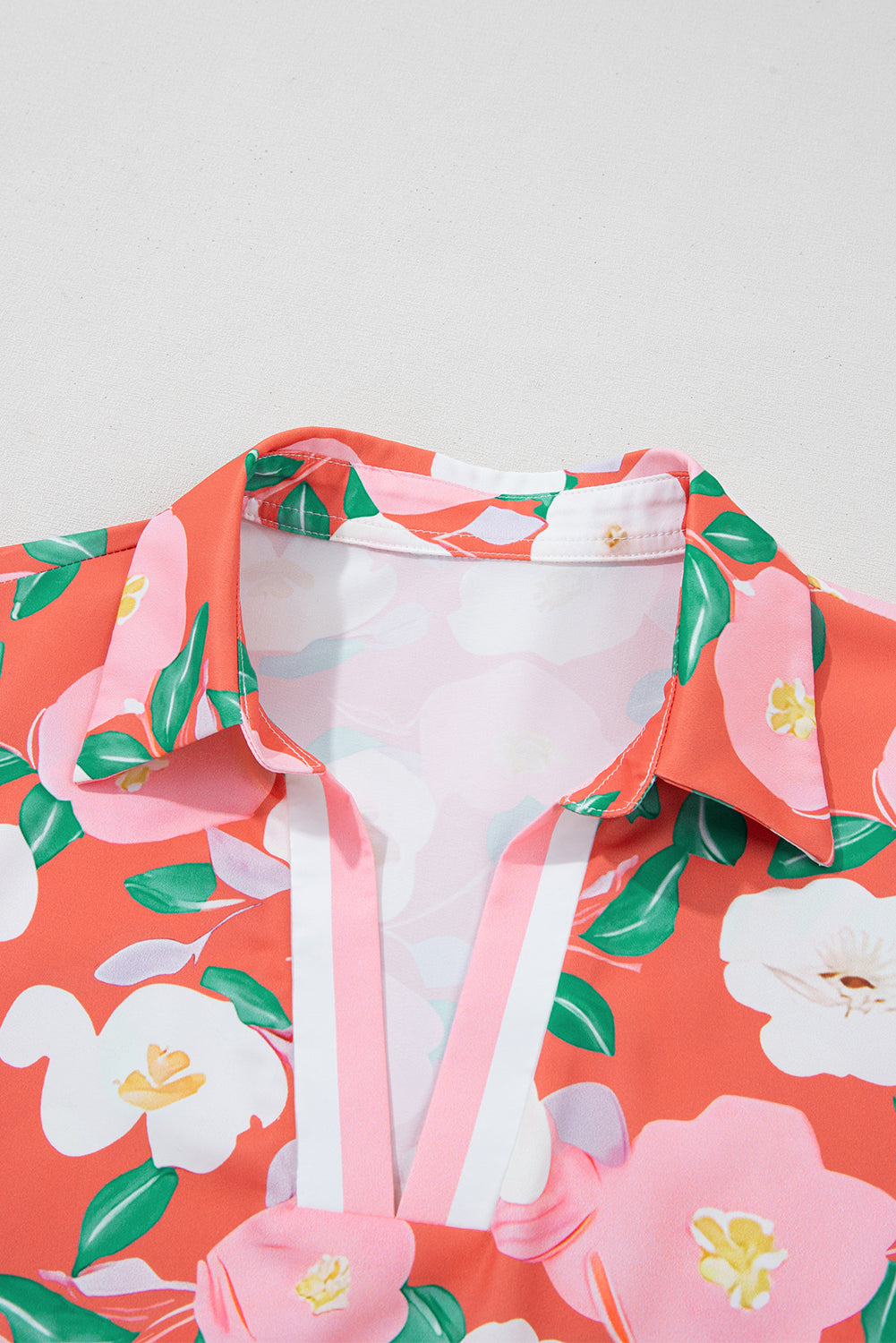Fresh Salmon Floral Print Contrast Striped Trim Polo Collar T Shirt Dress 🇺🇸