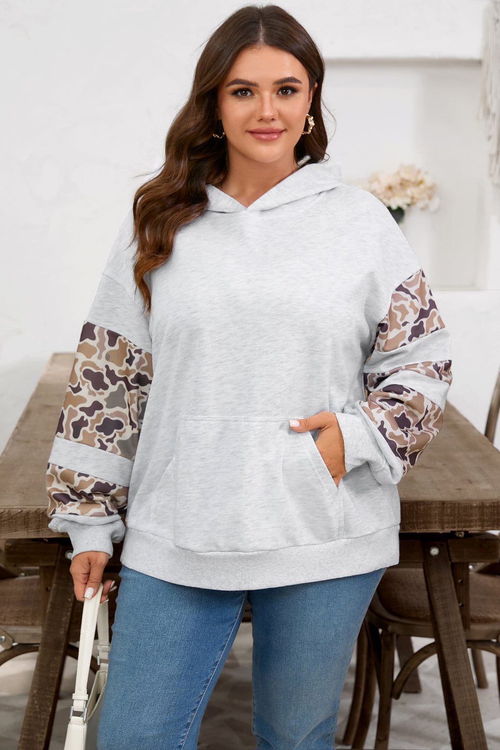 Light Grey Camouflage Patchwork Asymmetric Sleeve Plus Size Hoodie 🇺🇸
