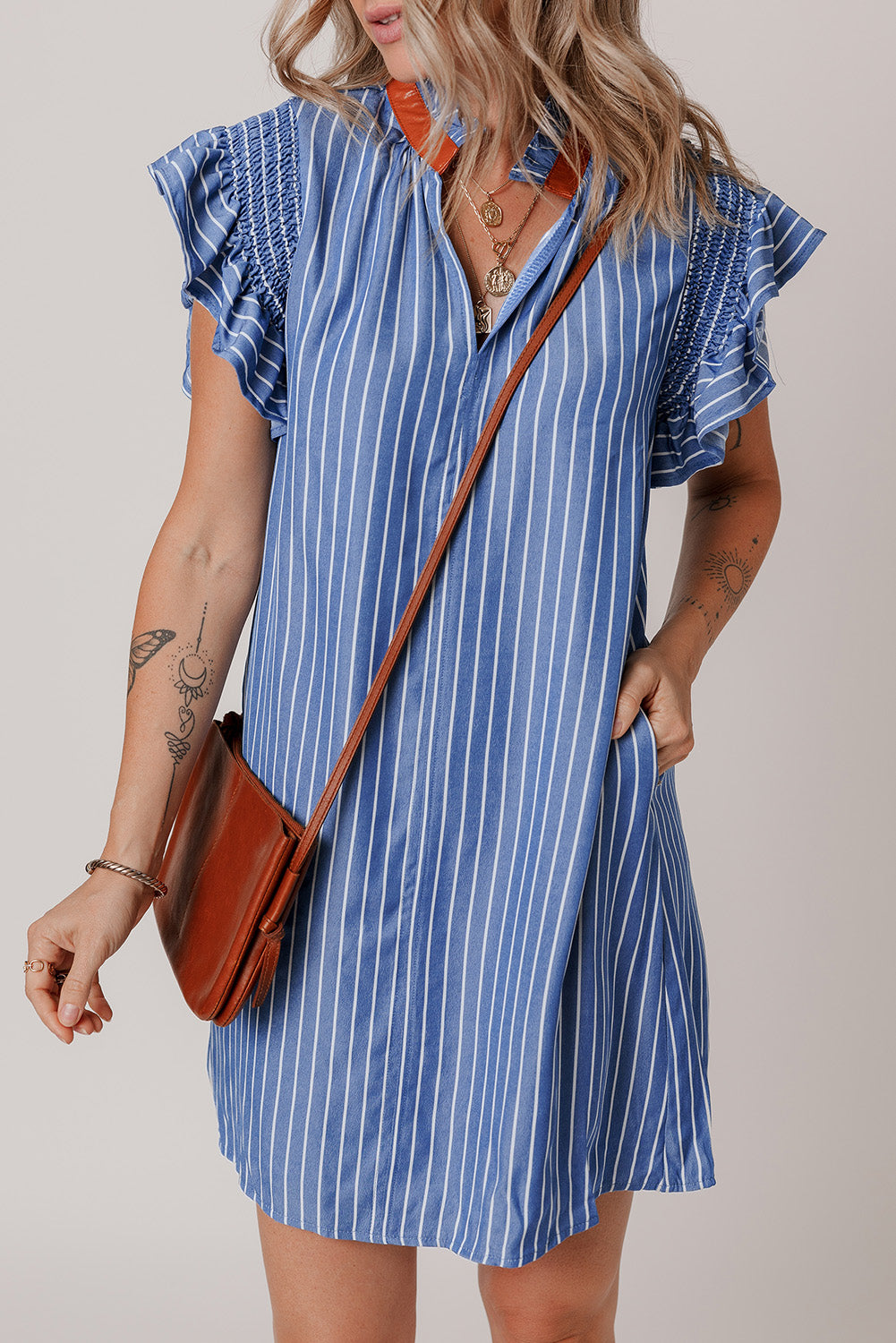Sky Blue Stripe Frilly Split Neck Shirred Ruffle Sleeve Short Shift Dress 🇨🇳