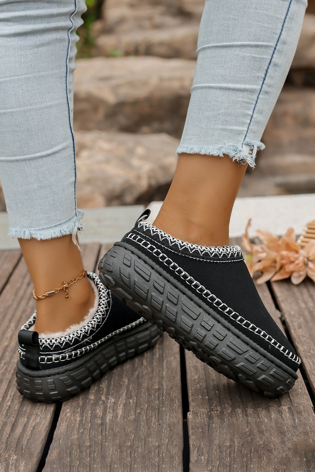 Black Faux Suede Woven Trim Plush Lining Platform Slippers 🇺🇸