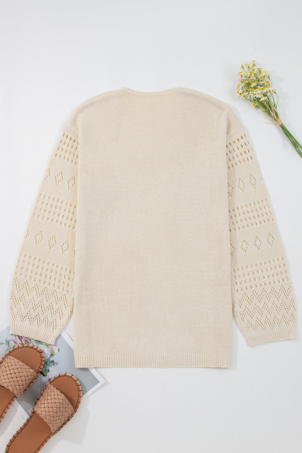 Smoke Gray Solid Color Hollowed Knit Open Front Cardigan Sweater 🇺🇸