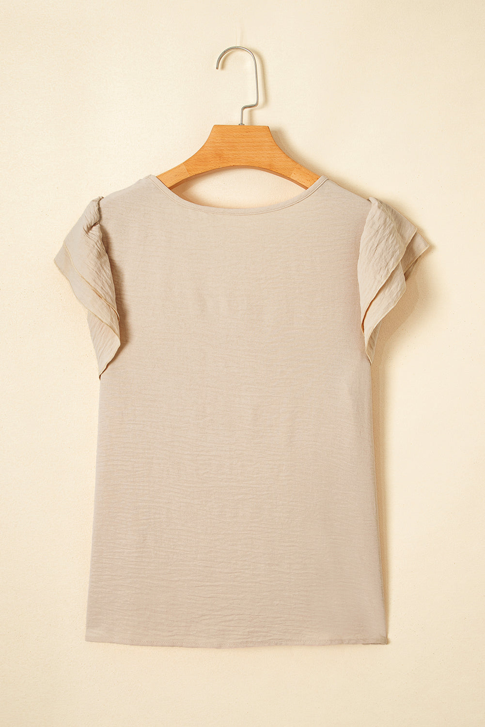 Beige Solid Color Ruffled Short Sleeve Casual Blouse 🇨🇳