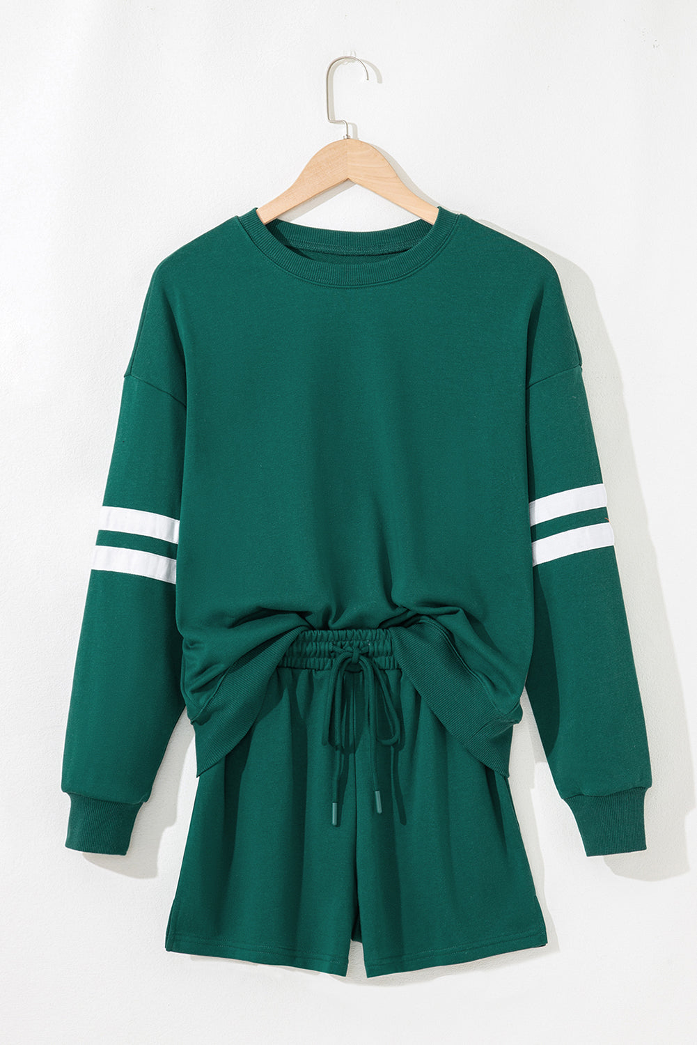 Evergreen Varsity Striped Sleeve Drop Shoulder Sweatshirt and Short Set 🇺🇲