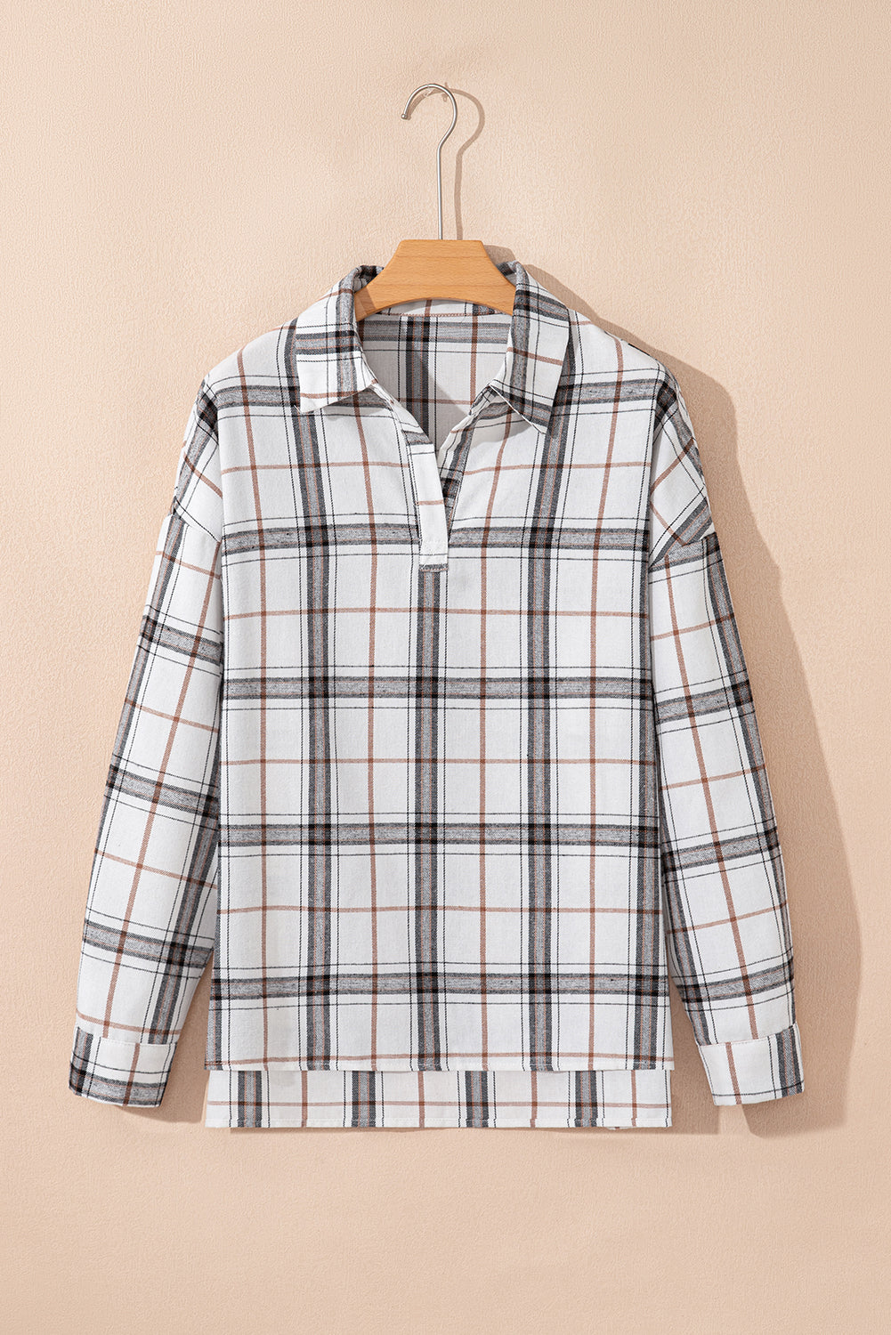 White Plaid Print Collared V Neck Loose Blouse with Side Slits 🇺🇸