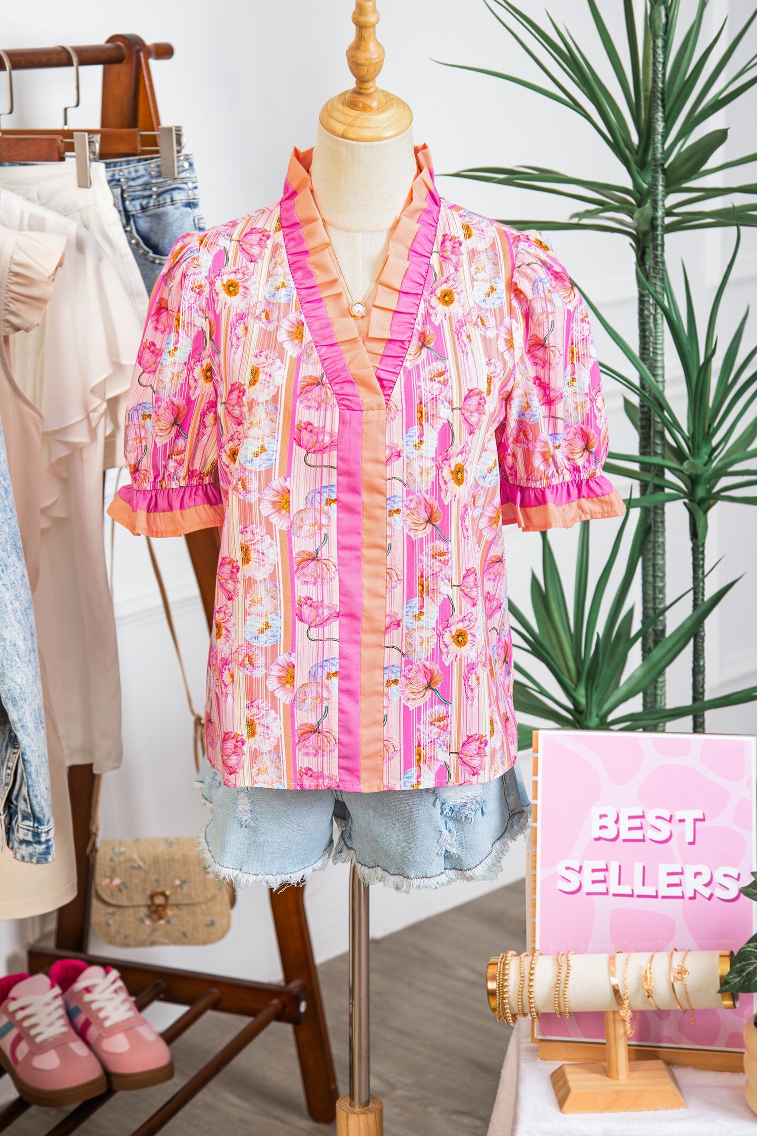 Pink Poppy Flower Striped Print Color Block Trim V Neck Short Sleeve Blouse 🇺🇸